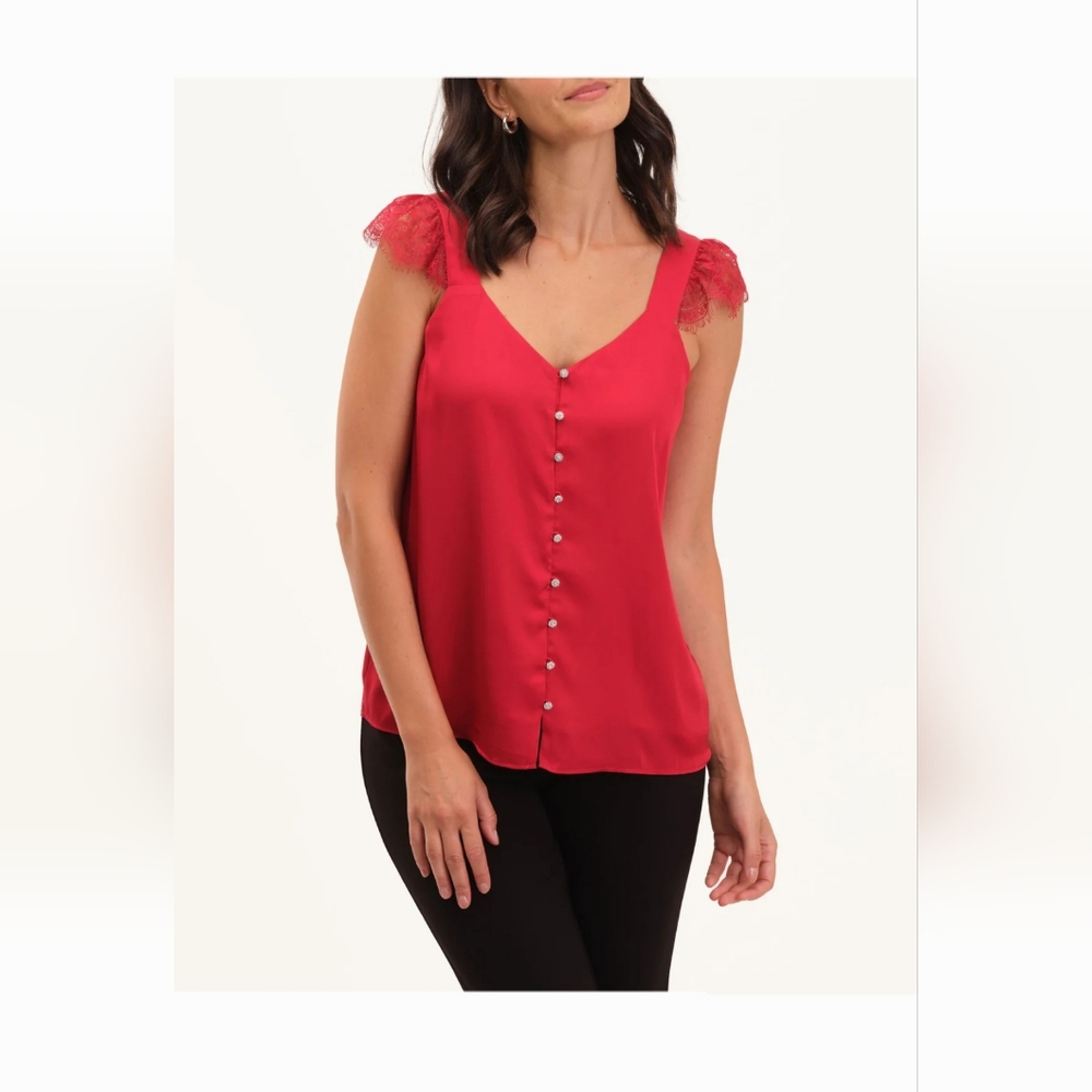 NEW T TAHARI Lace Ruffle Sleeves Crystal Button Cami